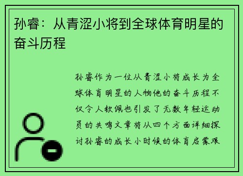 孙睿：从青涩小将到全球体育明星的奋斗历程